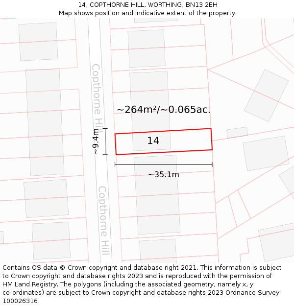14, COPTHORNE HILL, WORTHING, BN13 2EH: Plot and title map