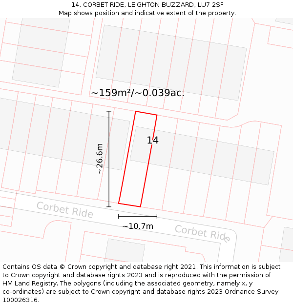 14, CORBET RIDE, LEIGHTON BUZZARD, LU7 2SF: Plot and title map