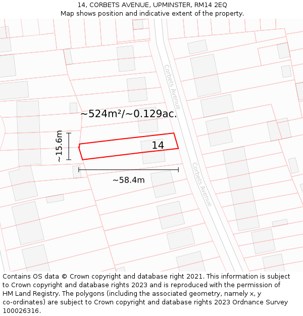 14, CORBETS AVENUE, UPMINSTER, RM14 2EQ: Plot and title map