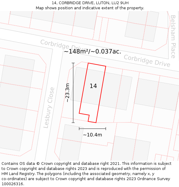 14, CORBRIDGE DRIVE, LUTON, LU2 9UH: Plot and title map