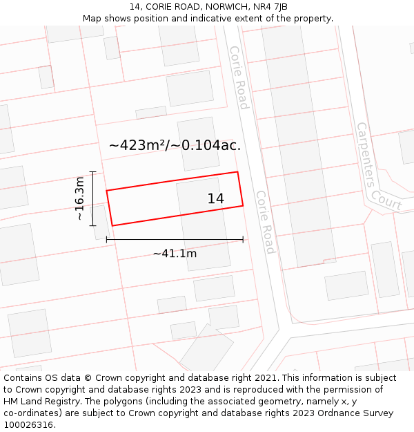 14, CORIE ROAD, NORWICH, NR4 7JB: Plot and title map