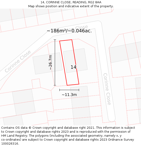 14, CORINNE CLOSE, READING, RG2 8AA: Plot and title map