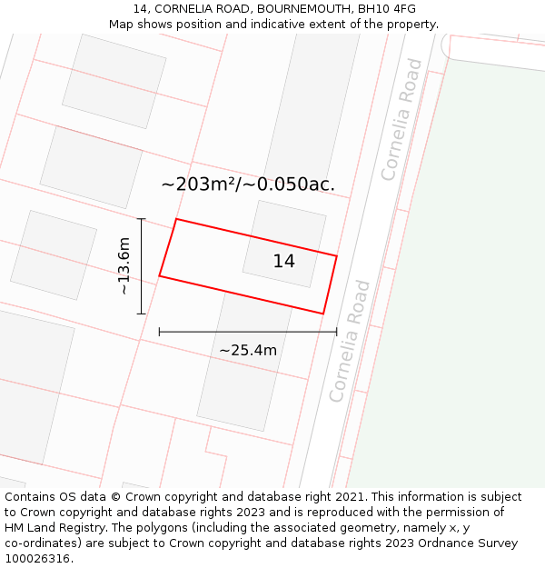 14, CORNELIA ROAD, BOURNEMOUTH, BH10 4FG: Plot and title map