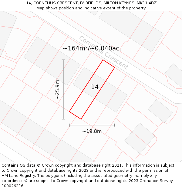 14, CORNELIUS CRESCENT, FAIRFIELDS, MILTON KEYNES, MK11 4BZ: Plot and title map