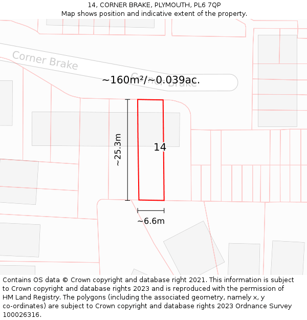 14, CORNER BRAKE, PLYMOUTH, PL6 7QP: Plot and title map