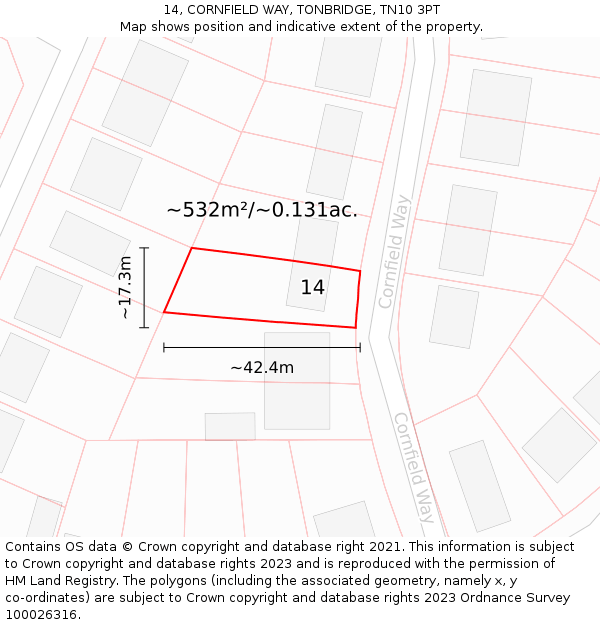 14, CORNFIELD WAY, TONBRIDGE, TN10 3PT: Plot and title map