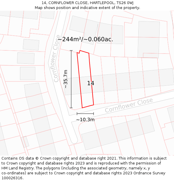 14, CORNFLOWER CLOSE, HARTLEPOOL, TS26 0WJ: Plot and title map