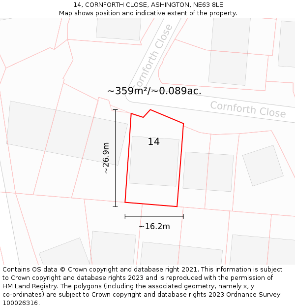 14, CORNFORTH CLOSE, ASHINGTON, NE63 8LE: Plot and title map
