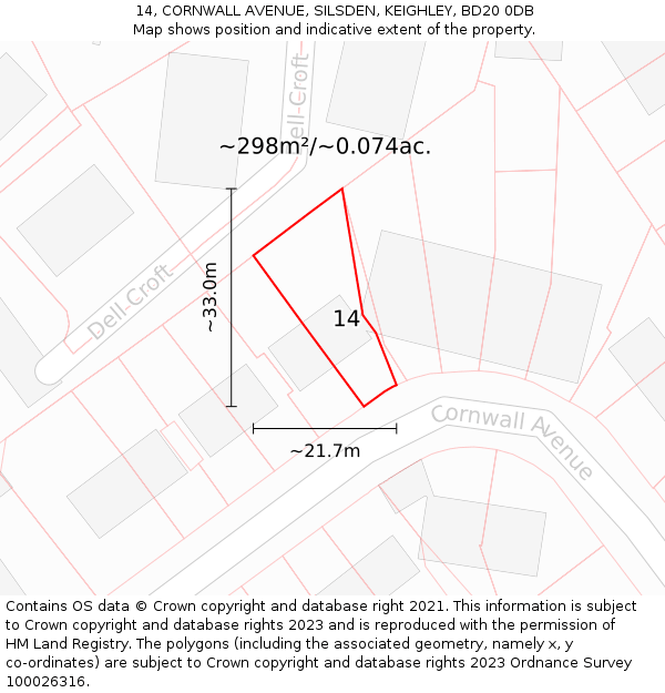 14, CORNWALL AVENUE, SILSDEN, KEIGHLEY, BD20 0DB: Plot and title map