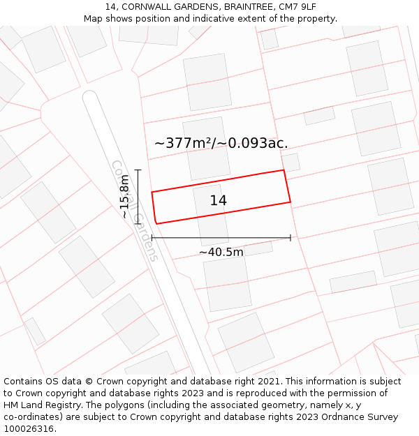 14, CORNWALL GARDENS, BRAINTREE, CM7 9LF: Plot and title map