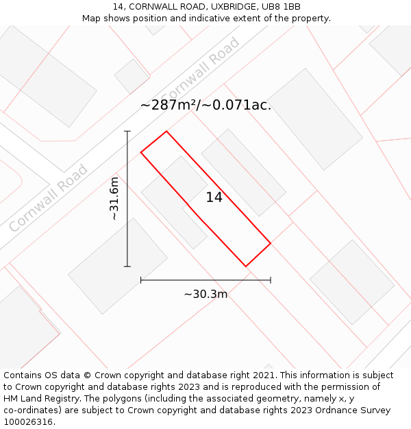 14, CORNWALL ROAD, UXBRIDGE, UB8 1BB: Plot and title map