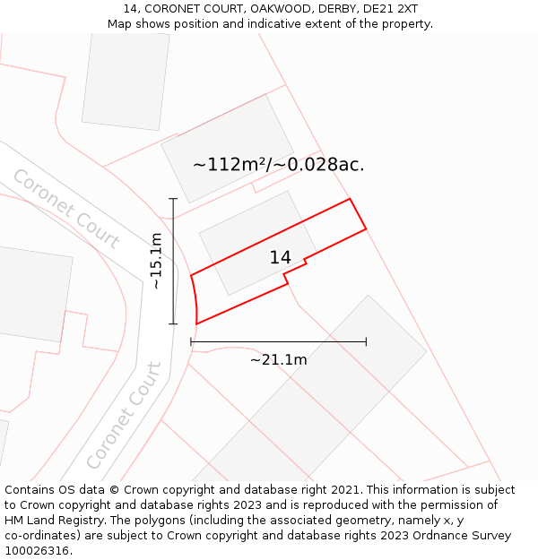 14, CORONET COURT, OAKWOOD, DERBY, DE21 2XT: Plot and title map