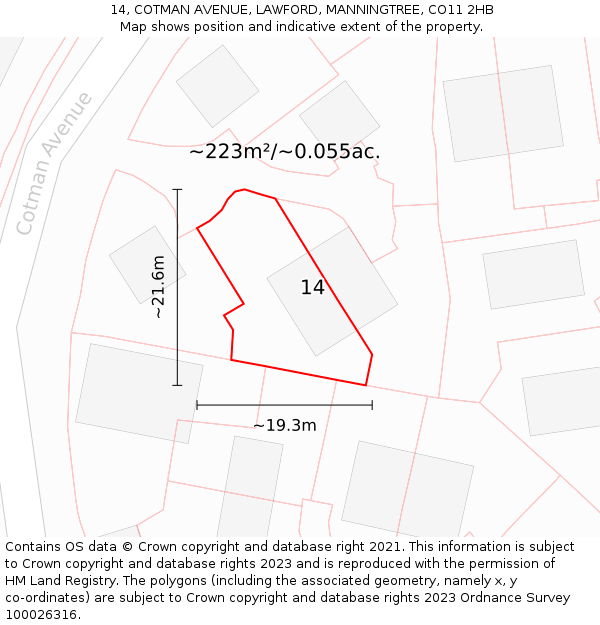 14, COTMAN AVENUE, LAWFORD, MANNINGTREE, CO11 2HB: Plot and title map