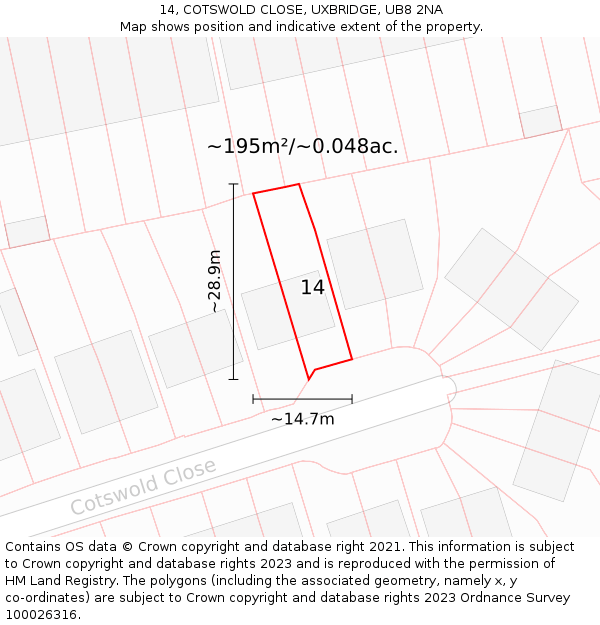 14, COTSWOLD CLOSE, UXBRIDGE, UB8 2NA: Plot and title map