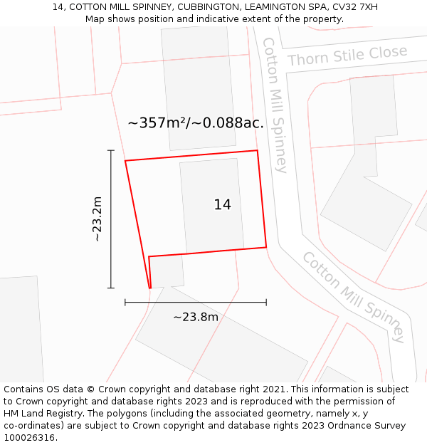 14, COTTON MILL SPINNEY, CUBBINGTON, LEAMINGTON SPA, CV32 7XH: Plot and title map