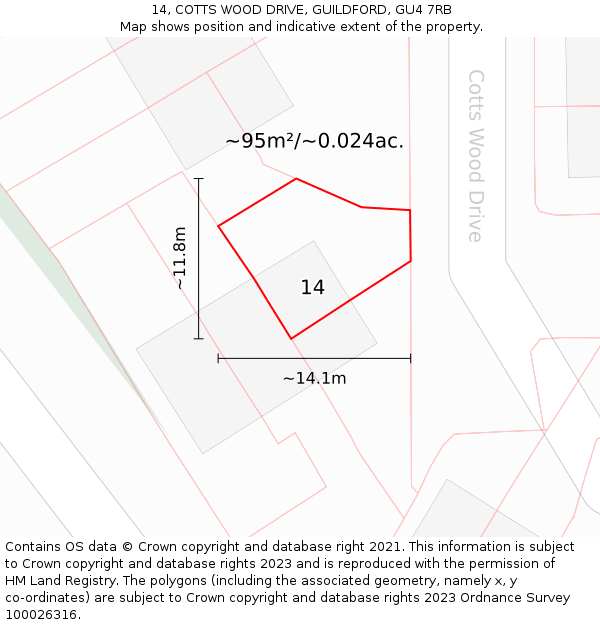 14, COTTS WOOD DRIVE, GUILDFORD, GU4 7RB: Plot and title map