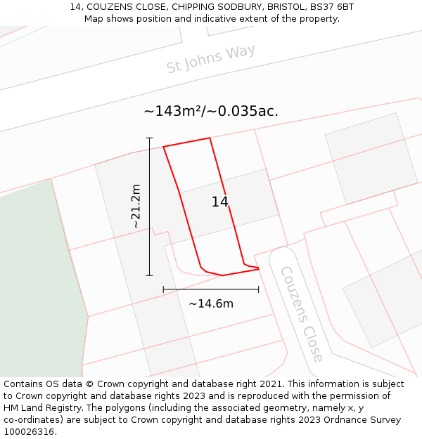 14, COUZENS CLOSE, CHIPPING SODBURY, BRISTOL, BS37 6BT: Plot and title map