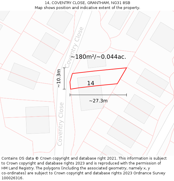 14, COVENTRY CLOSE, GRANTHAM, NG31 8SB: Plot and title map