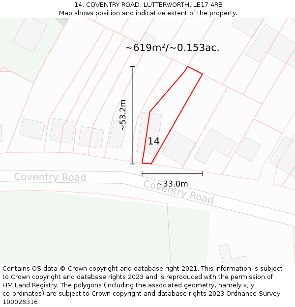 14, COVENTRY ROAD, LUTTERWORTH, LE17 4RB: Plot and title map