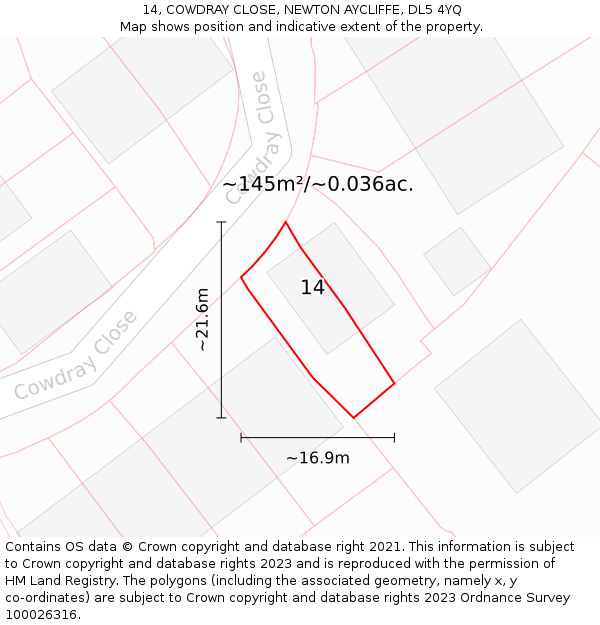 14, COWDRAY CLOSE, NEWTON AYCLIFFE, DL5 4YQ: Plot and title map