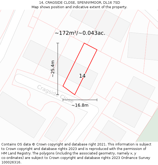 14, CRAGSIDE CLOSE, SPENNYMOOR, DL16 7SD: Plot and title map