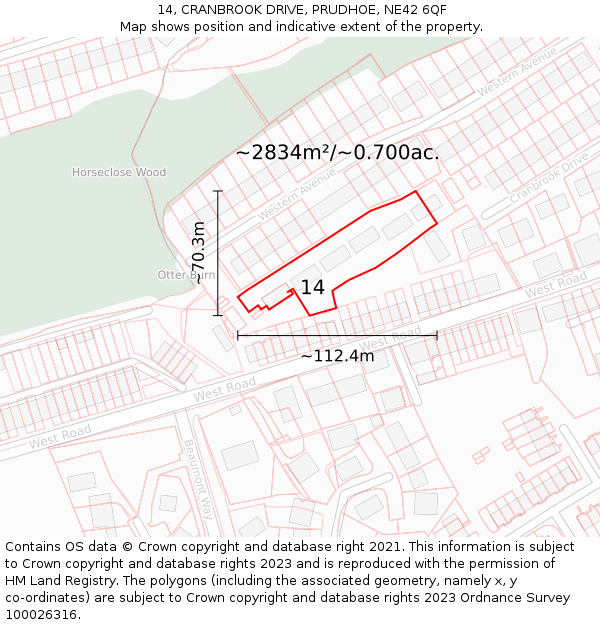 14, CRANBROOK DRIVE, PRUDHOE, NE42 6QF: Plot and title map