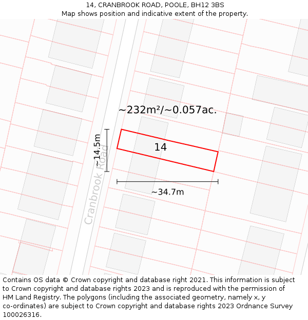 14, CRANBROOK ROAD, POOLE, BH12 3BS: Plot and title map