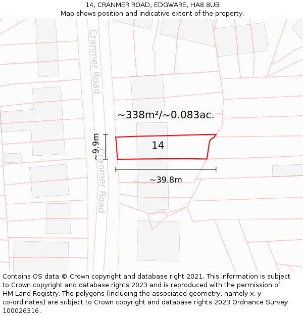 14, CRANMER ROAD, EDGWARE, HA8 8UB: Plot and title map