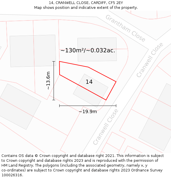 14, CRANWELL CLOSE, CARDIFF, CF5 2EY: Plot and title map