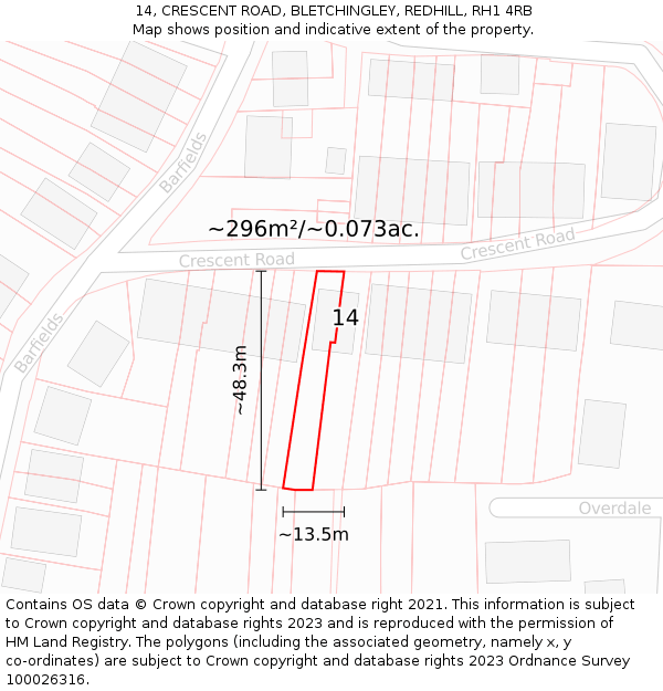 14, CRESCENT ROAD, BLETCHINGLEY, REDHILL, RH1 4RB: Plot and title map