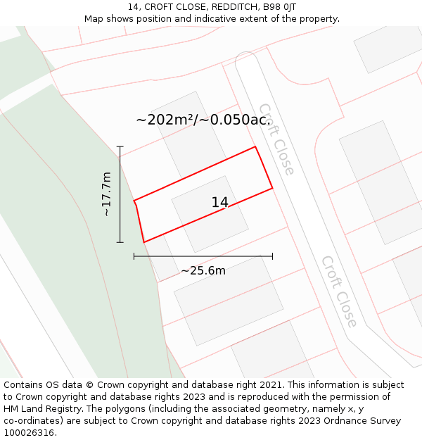 14, CROFT CLOSE, REDDITCH, B98 0JT: Plot and title map