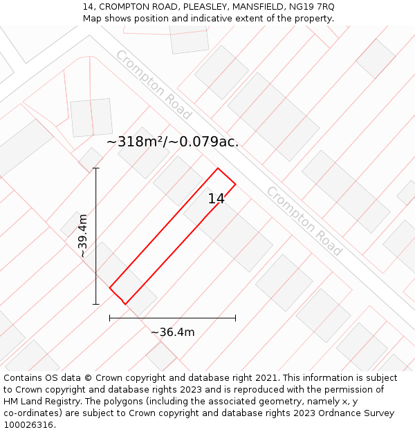 14, CROMPTON ROAD, PLEASLEY, MANSFIELD, NG19 7RQ: Plot and title map