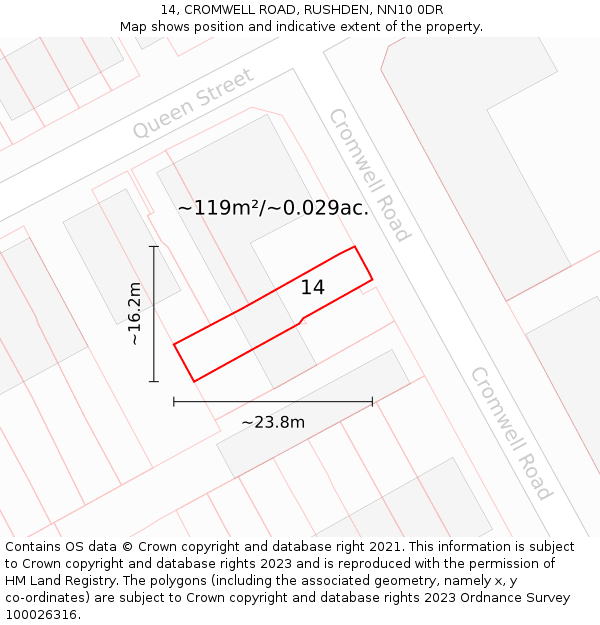 14, CROMWELL ROAD, RUSHDEN, NN10 0DR: Plot and title map