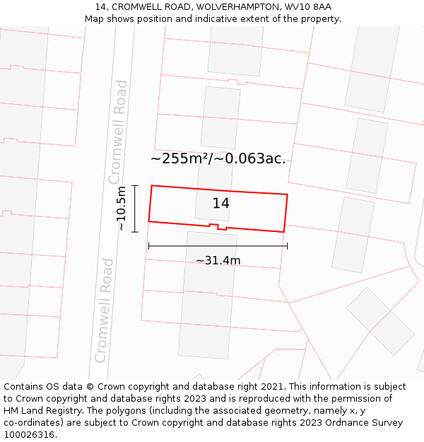 14, CROMWELL ROAD, WOLVERHAMPTON, WV10 8AA: Plot and title map