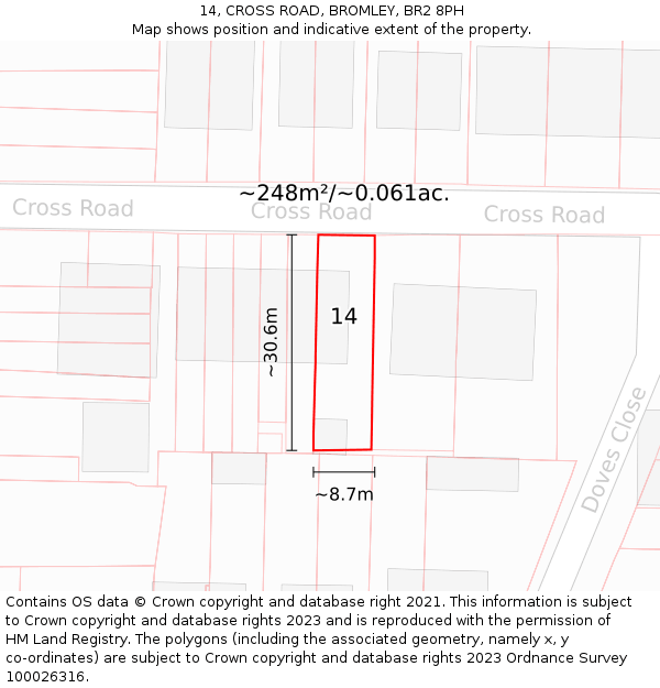 14, CROSS ROAD, BROMLEY, BR2 8PH: Plot and title map