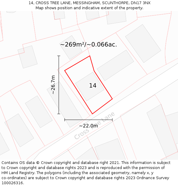 14, CROSS TREE LANE, MESSINGHAM, SCUNTHORPE, DN17 3NX: Plot and title map