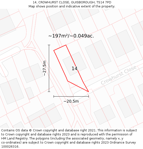 14, CROWHURST CLOSE, GUISBOROUGH, TS14 7PD: Plot and title map