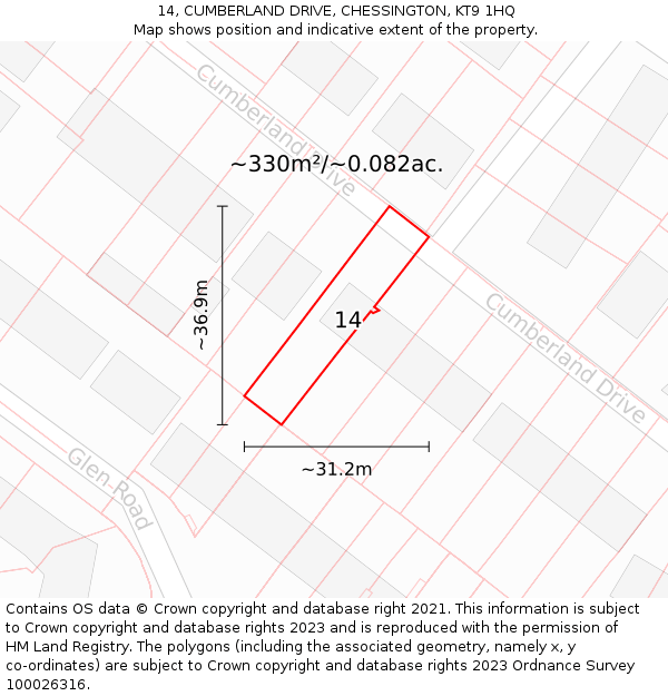 14, CUMBERLAND DRIVE, CHESSINGTON, KT9 1HQ: Plot and title map