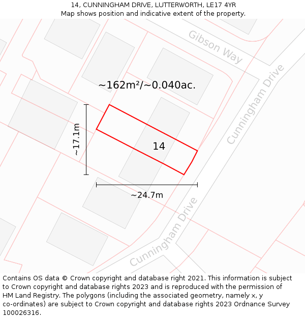 14, CUNNINGHAM DRIVE, LUTTERWORTH, LE17 4YR: Plot and title map