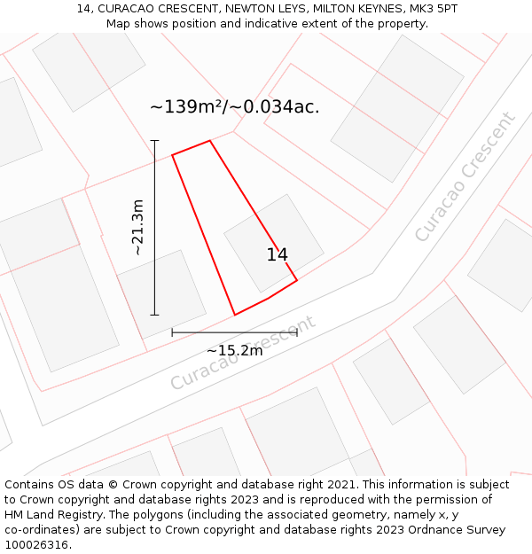 14, CURACAO CRESCENT, NEWTON LEYS, MILTON KEYNES, MK3 5PT: Plot and title map