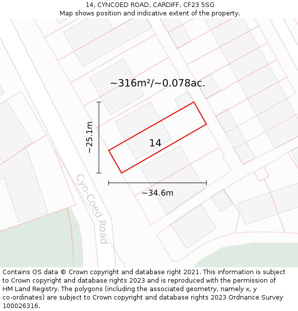 14, CYNCOED ROAD, CARDIFF, CF23 5SG: Plot and title map