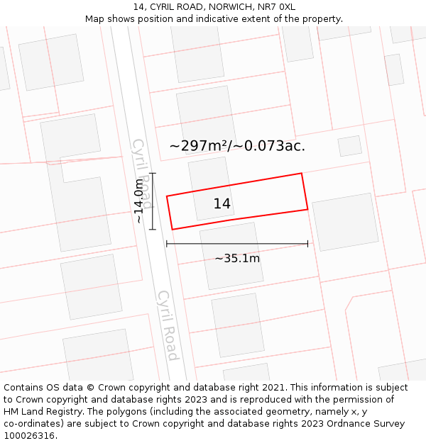 14, CYRIL ROAD, NORWICH, NR7 0XL: Plot and title map