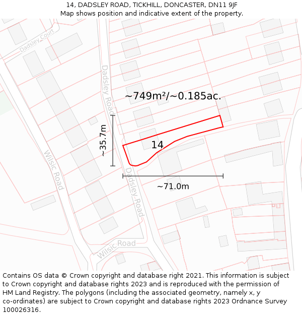 14, DADSLEY ROAD, TICKHILL, DONCASTER, DN11 9JF: Plot and title map
