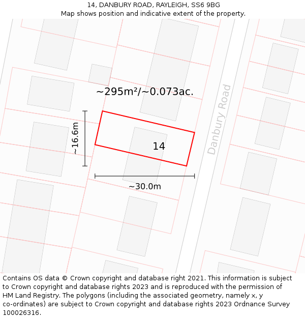 14, DANBURY ROAD, RAYLEIGH, SS6 9BG: Plot and title map