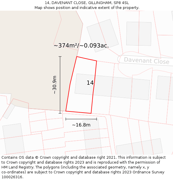 14, DAVENANT CLOSE, GILLINGHAM, SP8 4SL: Plot and title map