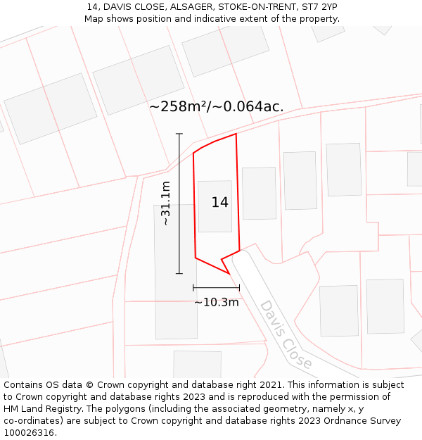 14, DAVIS CLOSE, ALSAGER, STOKE-ON-TRENT, ST7 2YP: Plot and title map