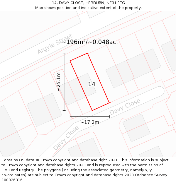 14, DAVY CLOSE, HEBBURN, NE31 1TG: Plot and title map