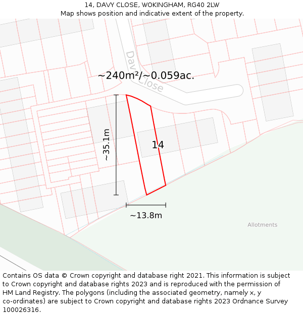 14, DAVY CLOSE, WOKINGHAM, RG40 2LW: Plot and title map