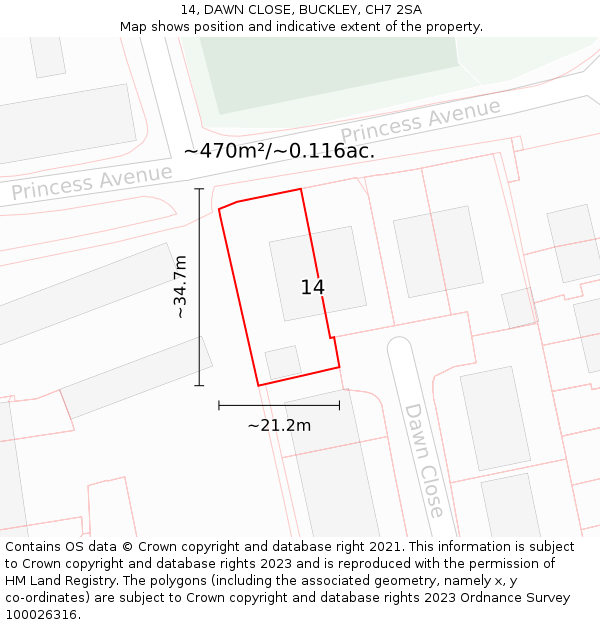 14, DAWN CLOSE, BUCKLEY, CH7 2SA: Plot and title map