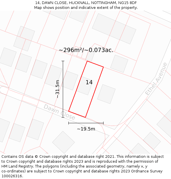 14, DAWN CLOSE, HUCKNALL, NOTTINGHAM, NG15 8DF: Plot and title map